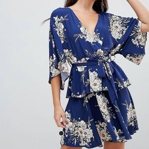 Prettylittlething kimono tiered floral wrap dress